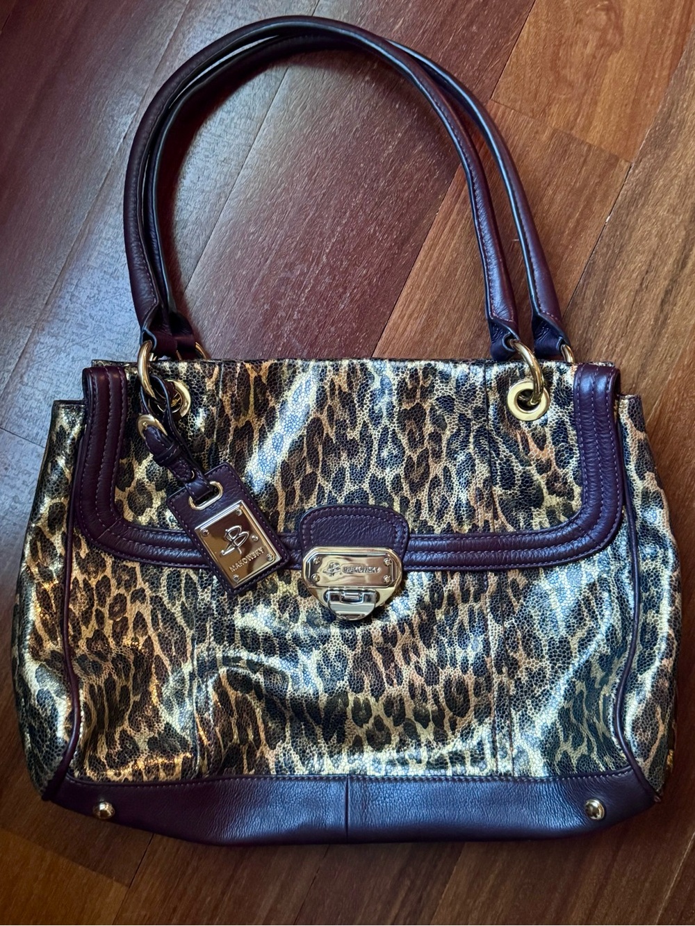 b. Makowsky Leopard Metallic Print Tote with Brown Trim and Gold Hardware
